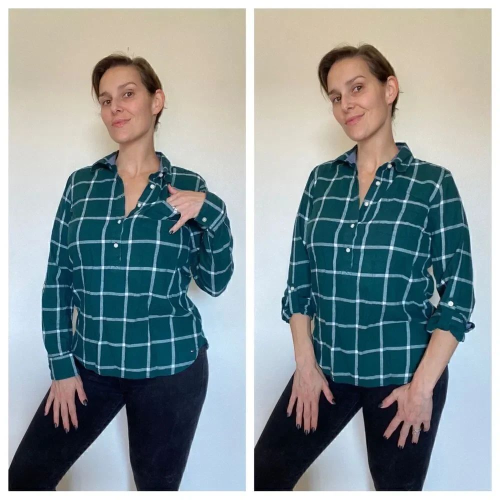 Tommy Hilfiger Shirt Plaid Popover Half Button Down Top Green
